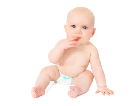 Newborn child sitting on the ground. All isolated on white background.