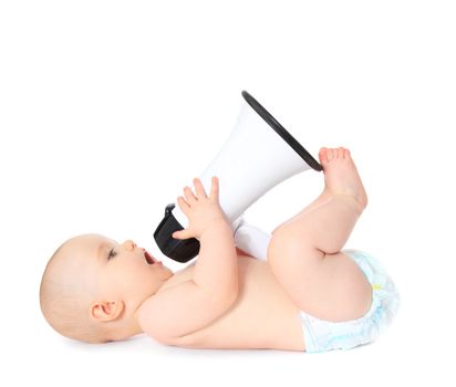 Newborn child playing with megaphone. All isolated on white background.