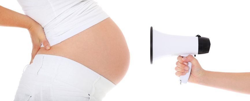 Pregnant woman gets filled with noise of a megaphone. All on white background.