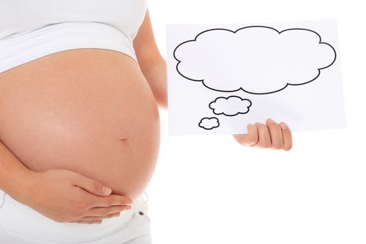 Pregnant woman holding speech balloon at her baby bump. All on white background.