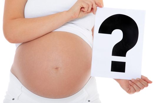 Pregnant woman holding big question mark. All on white background.