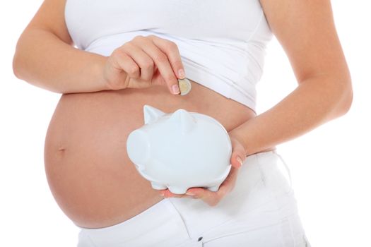 Pregnant woman puts money in piggy bank. All on white background.