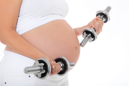 Pregnant woman doing exercises. All on white background.