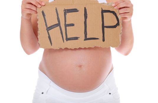 Pregnant woman holding cardboard showing the term help. All on white background.
