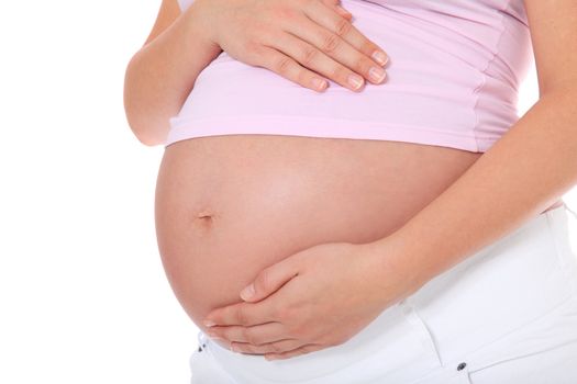 Pregnant woman in pink shirt. All on white background.