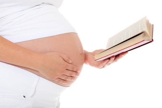 Pregnant woman reading a book. All on white background.