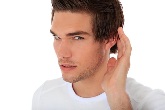 Young guy cant hear. All on white background.