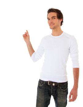 Attractive young man pointing to the side. All on white background.