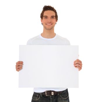 Attractive young man holding blank sign. All on white background.