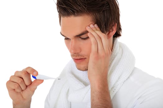 Attractive young man feels unwell. All on white background.