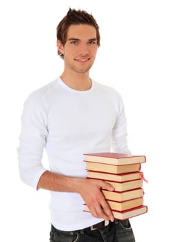 Attractive student carrying pile of books. All on white background.