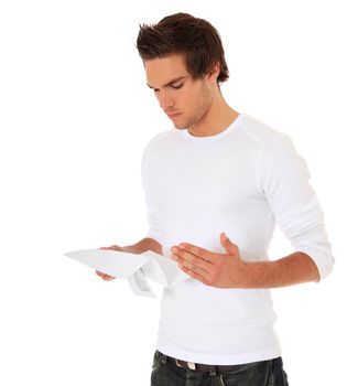 Attractive young man getting bad news. All on white background.