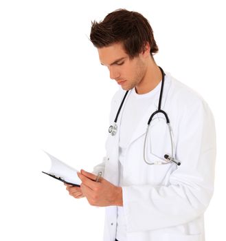 Medical student checking files. All on white background.