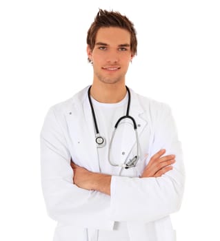 Smiling medical student. All on white background.