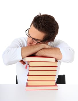 Attractive student taking a break. All on white background.