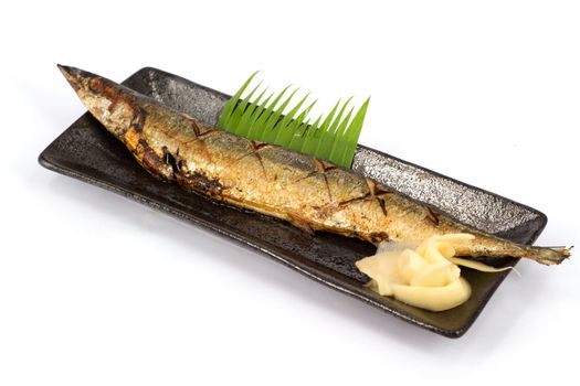 Japanese food style , Saba fish grilled the plate on white background