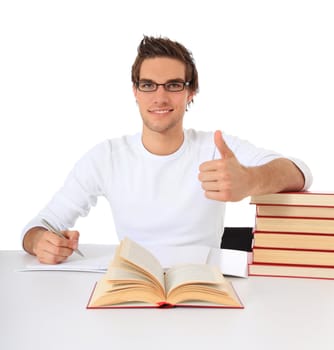 Attractive student showing thumbs up. All on white background.