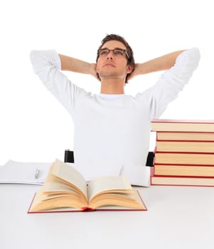 Attractive student taking a break. All on white background.