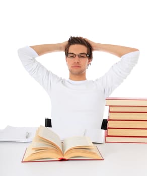 Attractive student taking a break. All on white background.