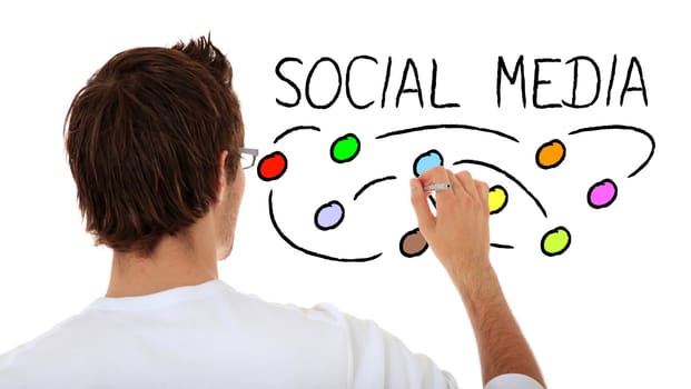 Back view of an attractive young man sketching social media. All on white background.