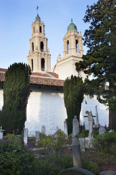 Cemetary Garden Statues Mission Dolores Steeples Ornate Carvings San Francisco California
