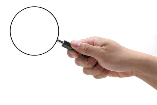 man hand holding hand lens or magnifying glass isolated on white