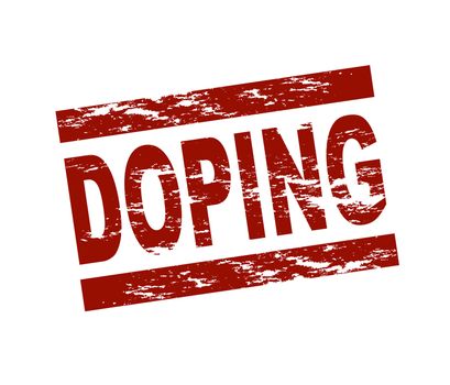 Stylized red stamp showing the term doping. All on white background.