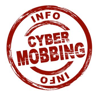 Stylized red stamp showing the German term cyber mobbing. All on white background.