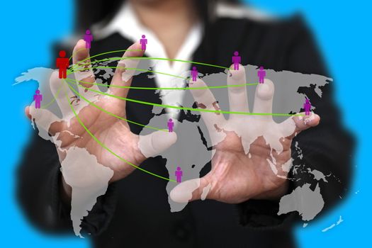 female hand do social network concept with world map background
