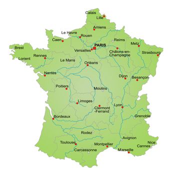 Stylized map of France showing provinces, cities and various rivers. All on white background. City names in french caption