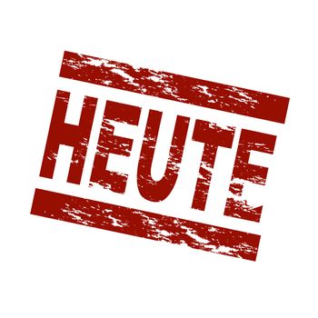 Stylized red stamp showing the term German term heute (Engl.: today). All on white background.