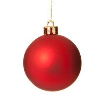 One single red christmas tree ball ornament. Isolated on white background.