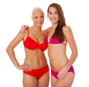 Two attractive young woman in bikini standing next to each other. All on white background.