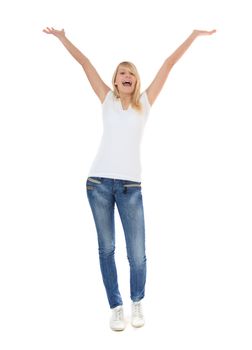 Attractive young woman cheering. All on white background.