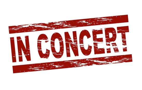 Stylized red stamp showing the term in concert. All on white background.