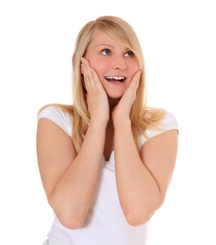 Surprised young woman. All on white background.