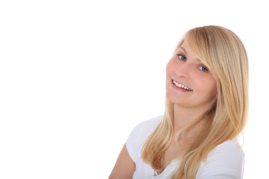 Attractive young woman. All on white background. Extra text space on the left.