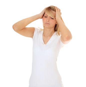 Frustrated young woman. All on white background.