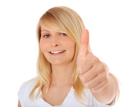 Attractive teenage girl making thumbs up. All on white background.