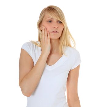 Attractive young woman suffering from toothaches. All on white background.