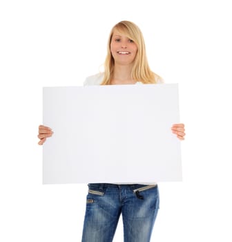 Attractive teenage girl holding a blank board. All on white background.