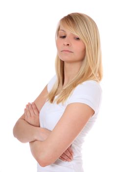 Attractive young woman mustering. All on white background.