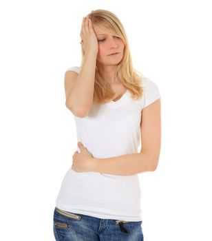 Attractive young woman fells unwell. All on white background.