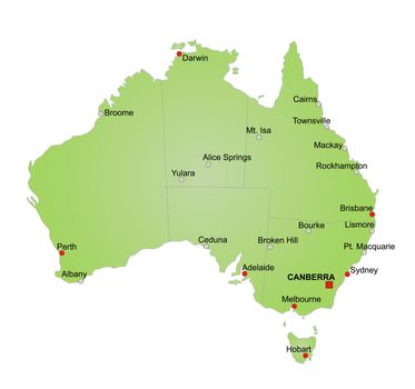 Stylized map of Australia in green tone.