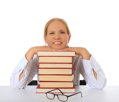 Woman resting on pile of books. All on white background.