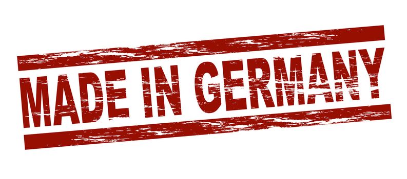 Stylized red stamp showing the term made in germany. All on white background.