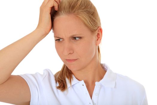 Woman deliberates a decision. All on white background.