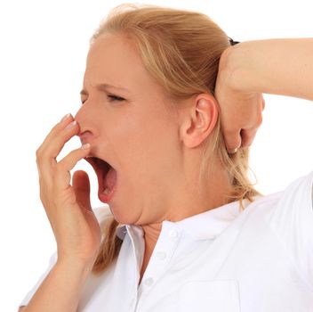 Tired woman. All on white background.