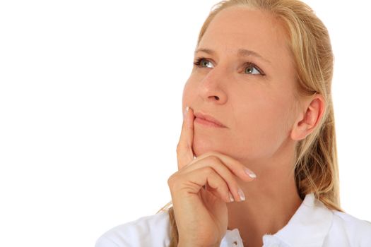 Woman deliberates a decision. All on white background. Extra trext space on the left.