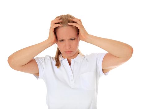 Stressed woman. All on white background.